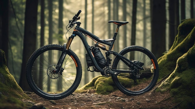 foto van een mountainbike en gear op een pad door een bos