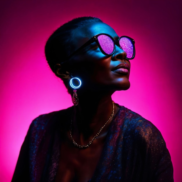 Foto van een oude Afrikaanse vrouw van middelbare leeftijd met een gemengd roze en blauw neonlicht generatieve AI