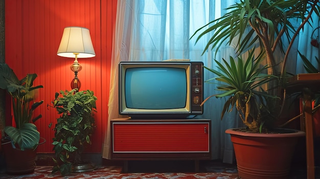 Foto van een oude vintage TV op een kleurrijke achtergrond in de stijl van retro-inspiratie