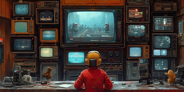 Foto van een oude vintage TV op een kleurrijke achtergrond in de stijl van retro-inspiratie