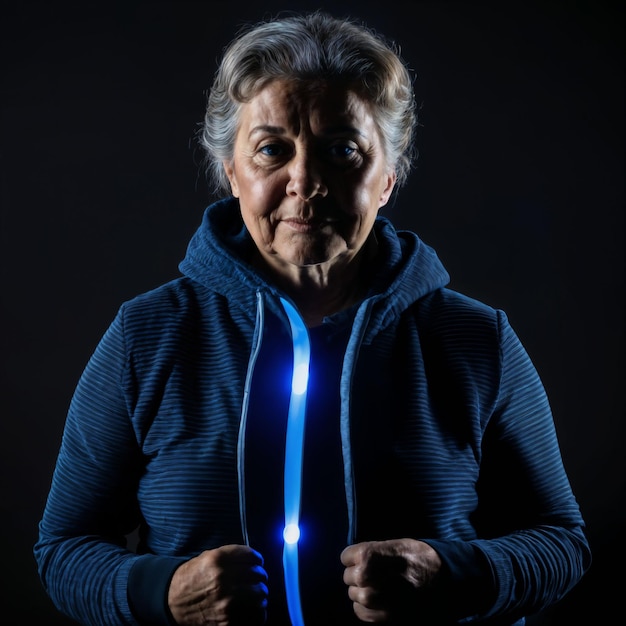 foto van een oude vrouw van middelbare leeftijd met blauw licht op zwarte achtergrond generatieve AI