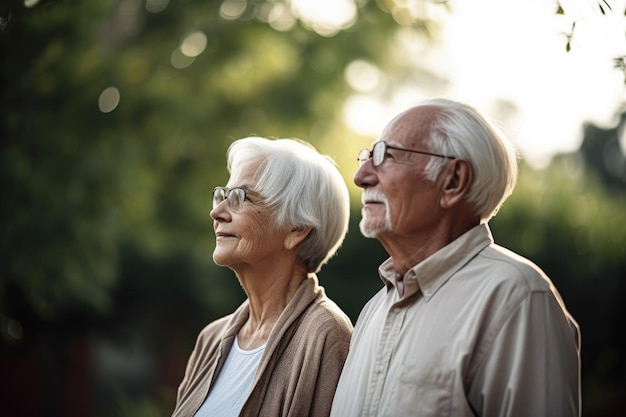Foto van een oudere echtpaar dat buiten staat gemaakt met generatieve AI