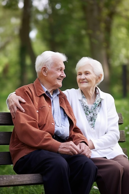foto van een oudere echtpaar dat samen op een bankje buiten zit, gemaakt met generatieve AI