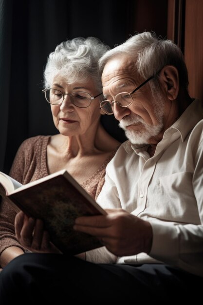 Foto van een oudere echtpaar dat samen zit en leest.