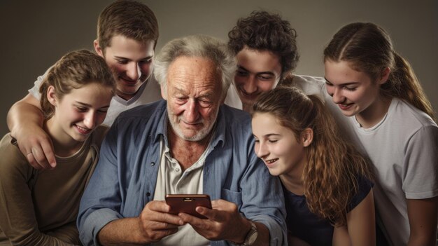 Foto van een oudere man die met een smartphone zit en inhoud toont aan een groep jonge mensen