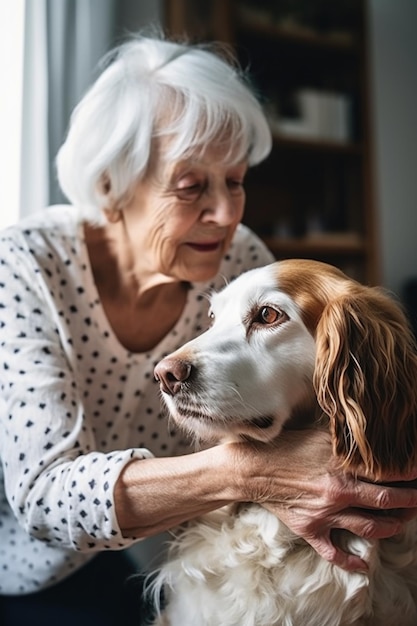 Foto van een oudere vrouw die haar hond thuis aaien.
