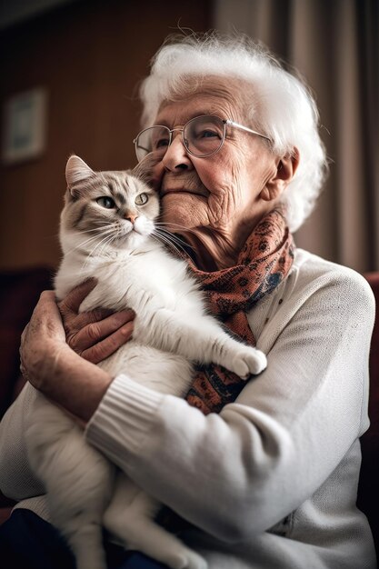 Foto van een oudere vrouw die haar kat vasthoudt in de woonkamer van haar huis