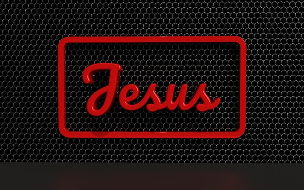 foto van een paneel met een zwart raster en een teken met de naam Jezus