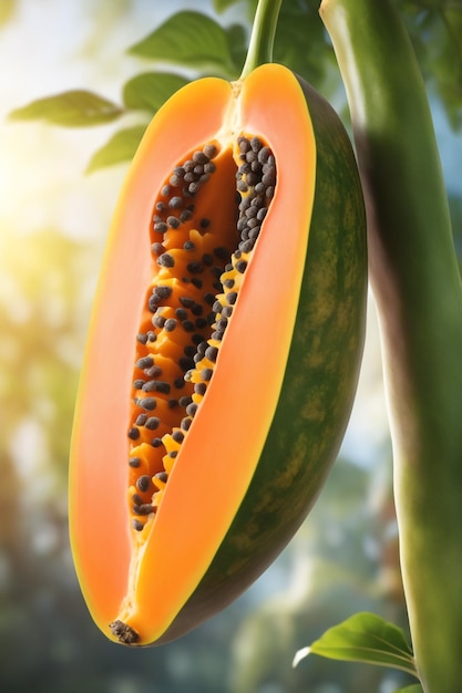 foto van een papaya die aan een tak is bevestigd met een wazige achtergrond