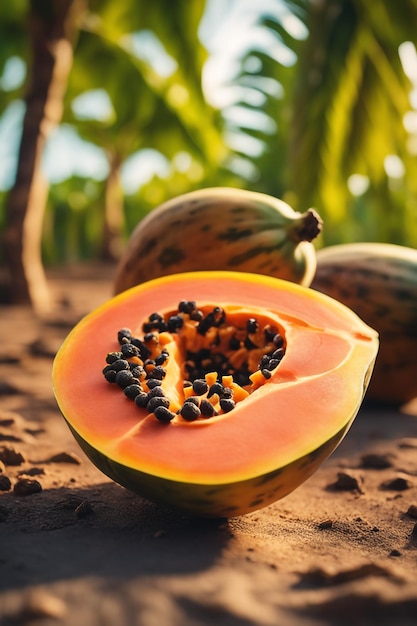 foto van een papaya naar een landbouwgrond met een wazige achtergrond