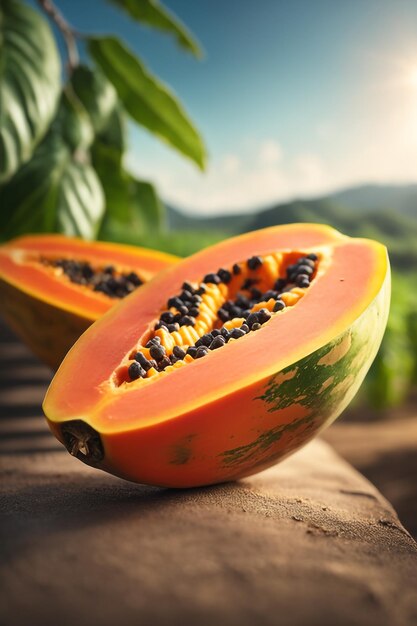 Foto foto van een papaya naar een landbouwgrond met een wazige achtergrond