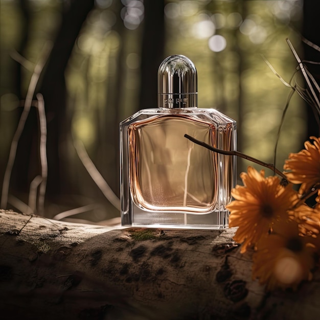 Foto van een parfumflesje met flitslicht in de kofferbak van een vochtig bos Fotografieconcept voor parfum en persoonlijke verzorging