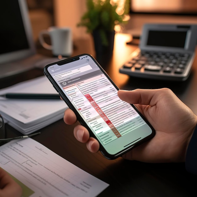 foto van een persoon die belastinginformatie op een mobiele telefoon controleert