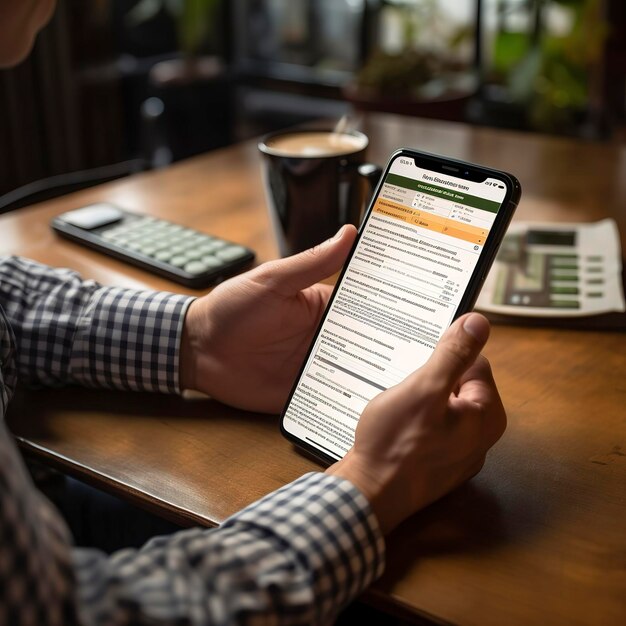 foto van een persoon die belastinginformatie op een mobiele telefoon controleert
