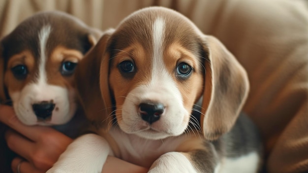 Foto van een persoon die een paar prachtige beagle-puppy's heeft GENERATE AI