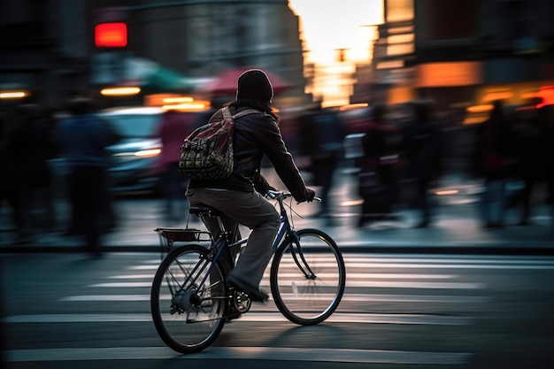 Foto van een persoon die op een fiets rijdt in de stadsmenigte onder de lichten 's nachts in de stad