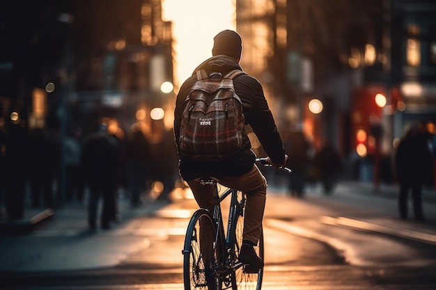 Foto van een persoon die op een fiets rijdt in de stadsmenigte onder de lichten 's nachts in de stad