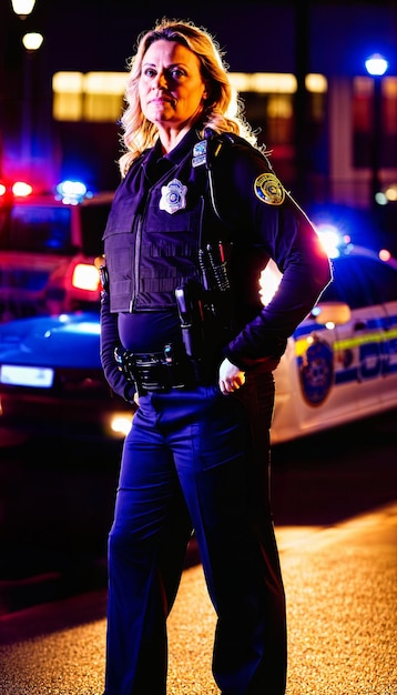 foto van een politieagent van middelbare leeftijd die's nachts voor een politieauto staat met achterlicht generatieve AI