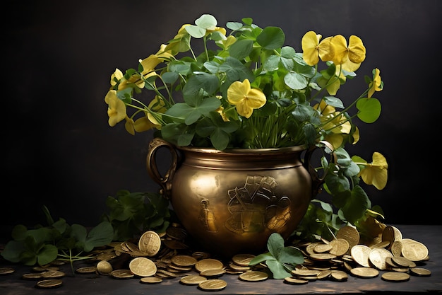 Foto van een pot met goud omringd door Shamrocks Shamrock