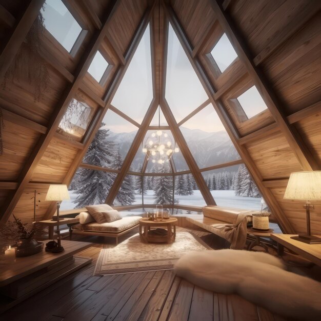 Foto van een prachtig driehoekig huis glamping resort in het winter sneeuwbos