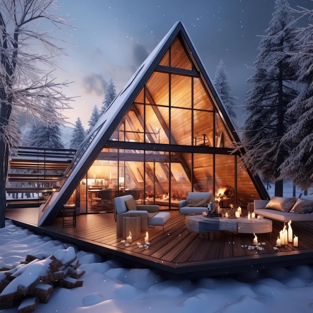 Foto van een prachtig driehoekig huis glamping resort in het winter sneeuwbos