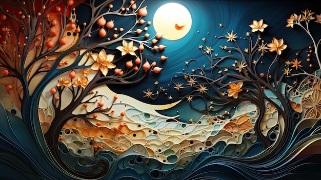 Foto van een prachtig nachtlandschap met een prachtige volle maan die helder schijnt