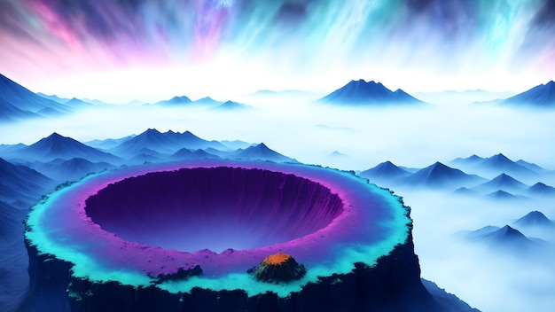 Foto van een prachtig natuurwonder een enorme bergketen met een diepe neonverlichte krater in het midden