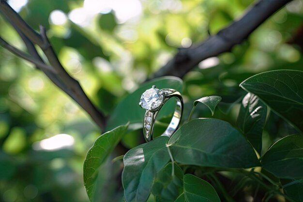 Foto van een prachtige diamanten ring voor een bruiloft op takjes en groene bladeren