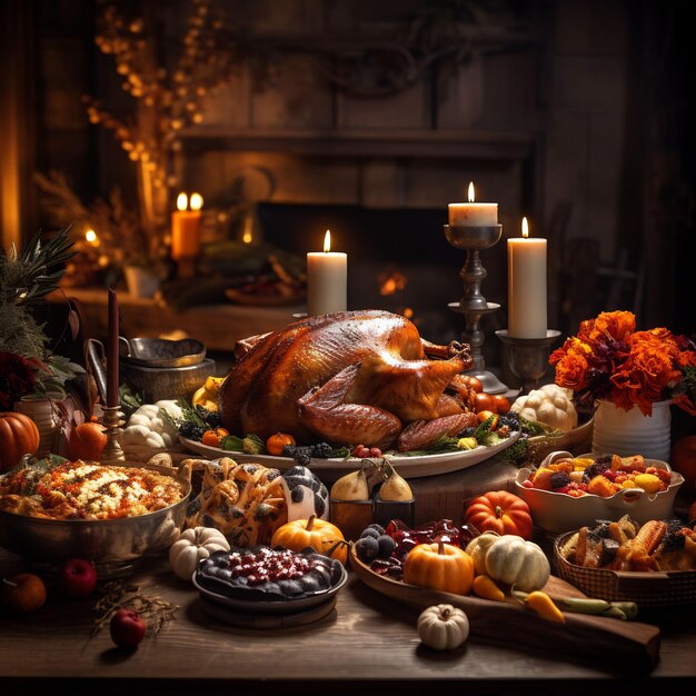 Foto van een prachtige gedecoreerde thanksgiving tafel vol met voedsel en mooie details