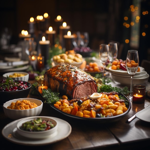 Foto van een prachtige gedecoreerde thanksgiving tafel vol met voedsel en mooie details