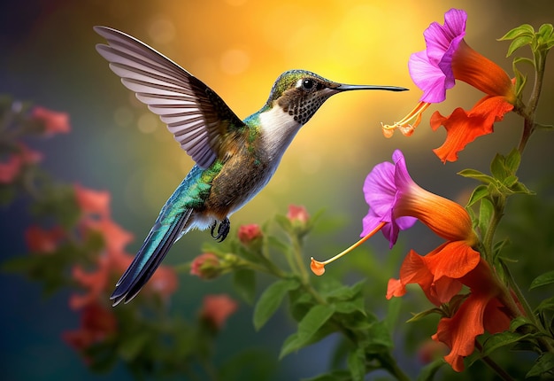 Foto foto van een prachtige kolibrie die in de natuur vliegt met heldere bloemen.