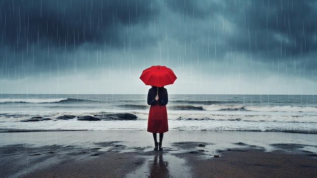 Foto van een regenachtige dag alleen man vrouw met paraplu achter zee of meer