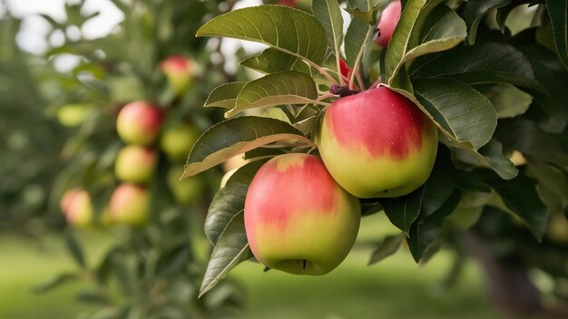 Foto van een rijpe appel in een boomgaard klaar voor de oogst ochtendopname