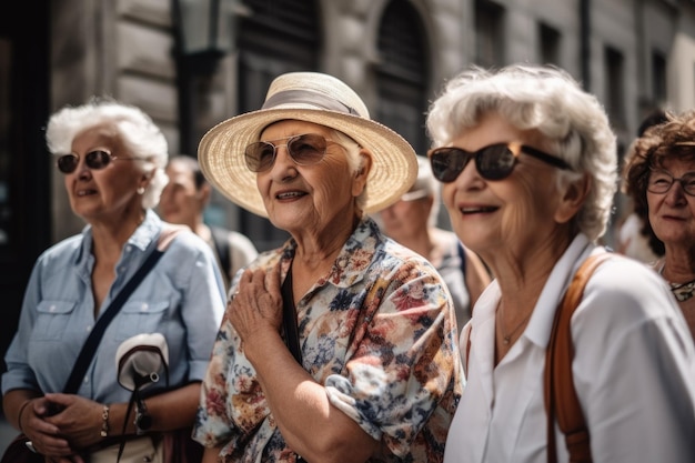 Foto van een rondleiding met haar groep oudere toeristen gemaakt met generatieve AI