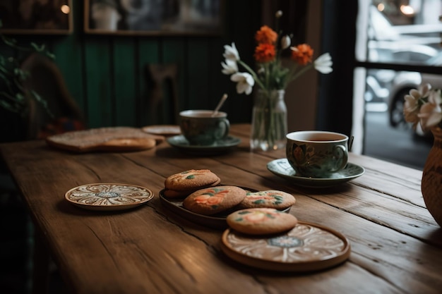 Foto van een rustieke houten tafel in een café met eten erop, koffiebrood enzovoort