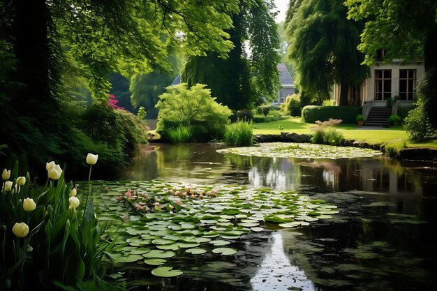 Foto van een rustige vijver met waterlelies een vredig landschap