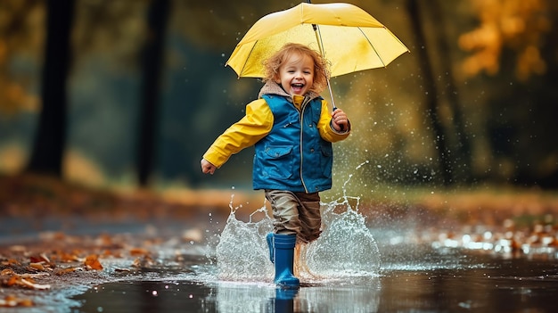 Foto van een schattig klein kind dat in regenachtig modderig water speelt met een gele paraplu