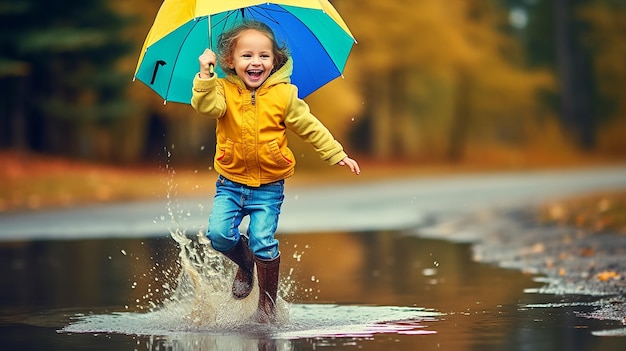 Foto van een schattig klein kind dat in regenachtig modderig water speelt met een gele paraplu