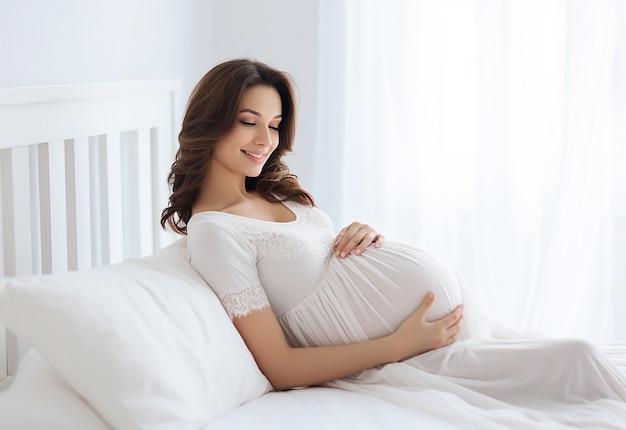 Foto van een schattige en gelukkige zwangere moedervrouw die haar buik aanraakt