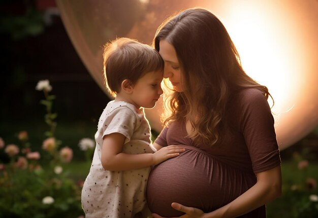 Foto van een schattige en gelukkige zwangere moedervrouw die haar buik aanraakt