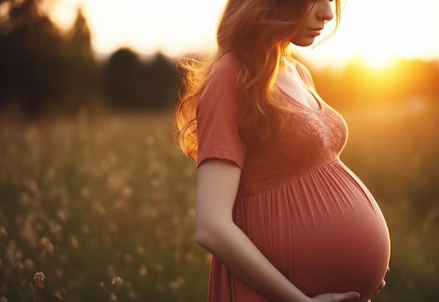 Foto van een schattige en gelukkige zwangere moedervrouw die haar buik aanraakt