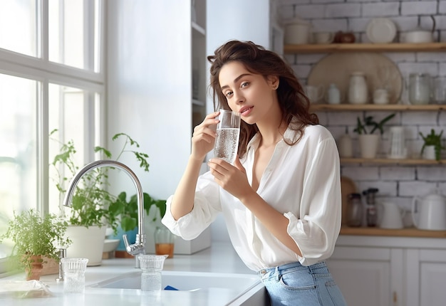 Foto van een schattige mooie vrouw die een glas water drinkt