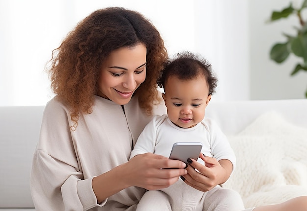 Foto van een schattige opname van een baby en moeder die samen een selfie maken en een mobiele telefoon gebruiken met de baby