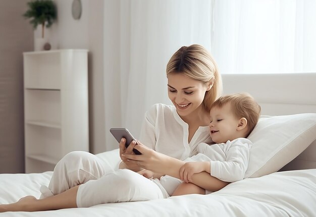 Foto van een schattige opname van een baby en moeder die samen een selfie maken en een mobiele telefoon gebruiken met de baby