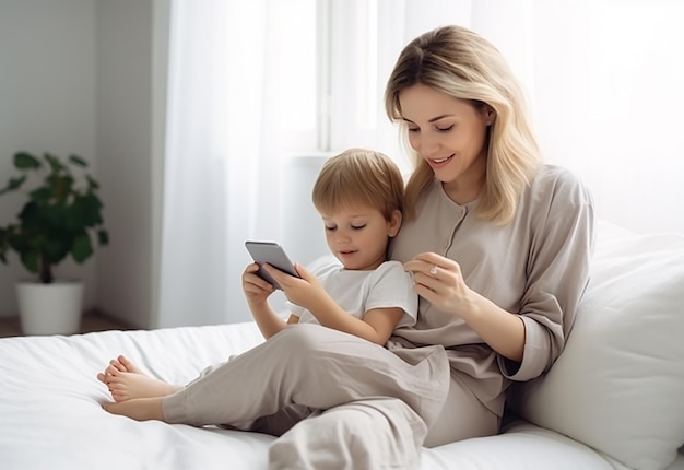 Foto van een schattige opname van een baby en moeder die samen een selfie maken en een mobiele telefoon gebruiken met de baby