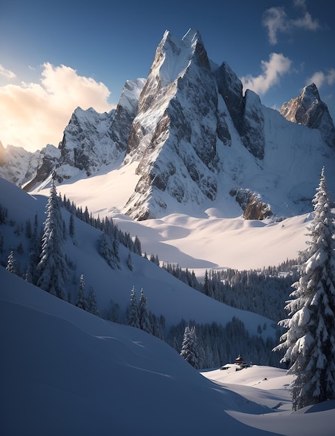 Foto van een sereen winterlandschap met besneeuwde bergen en hoge bomen