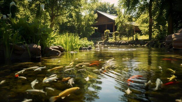 foto van een serene visvijver op een vreedzame visboerderij