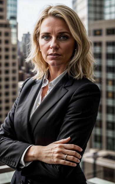 Foto foto van een serieuze kantoorwerkende vrouw met een hoog gebouw op de achtergrond generatieve ai