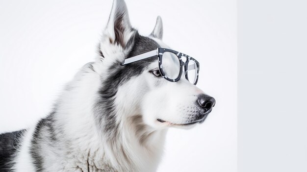 Foto foto van een siberische husky met een bril op een witte achtergrond