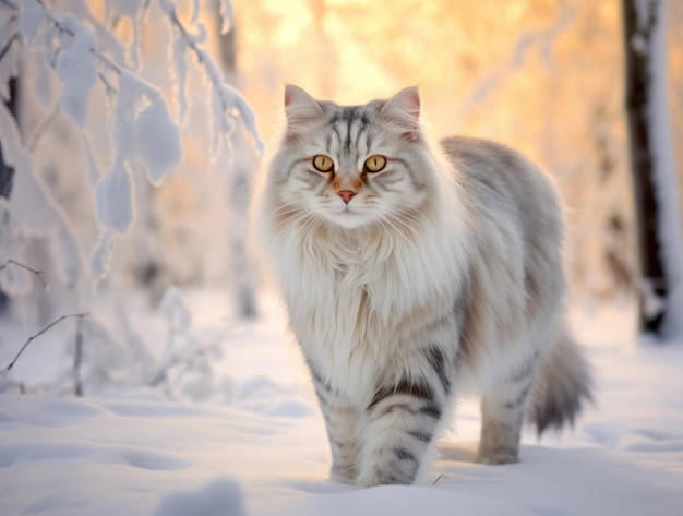 Foto van een Siberische kat die in een besneeuwd bos loopt